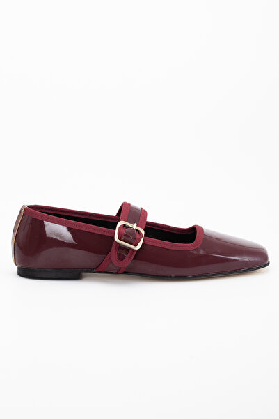 LİLLA Women's Daily Use Burgundy Patent Leather Ballerinas