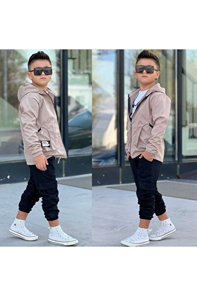 Burçak Butik Boy's Hooded Parachute Jacket / Gabardine Pants / Badi 3-Piece Set