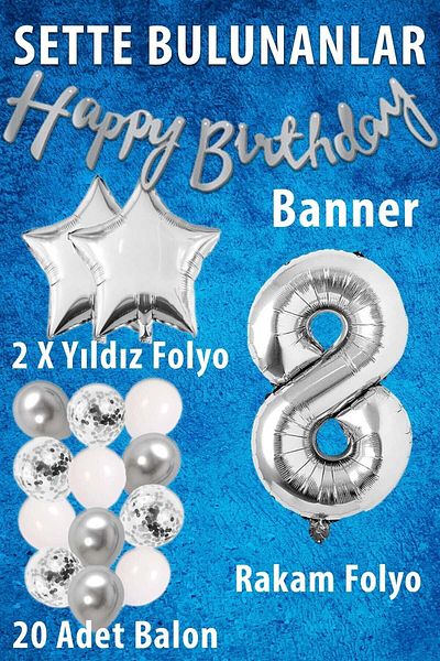 Ezgi Party Store Silver Concept 8 Years Old Birthday Celebration Set White Silver Confetti Balloon Figure Star Foil and Banner