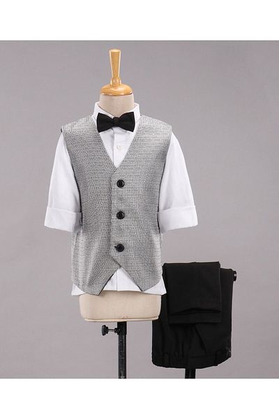 Babyhug Full Sleeves Party Suit With Waistcoat & Bow- Grey Black