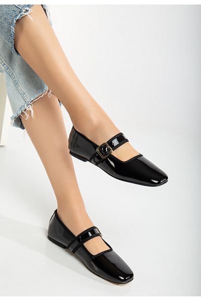 LİLLA Women's Daily Use Black Patent Leather Ballerinas