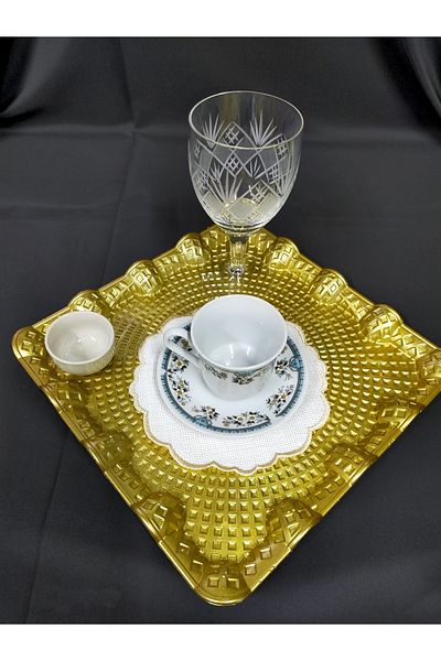 NAKIŞ ATÖLYESİ 6 PIECES OF LINEN LINEN FABRIC GOLD ROUND WAVY COFFEE SO COCKTAIL PRESENTATION NAPKIN SUITABLE FOR ETAMINATION