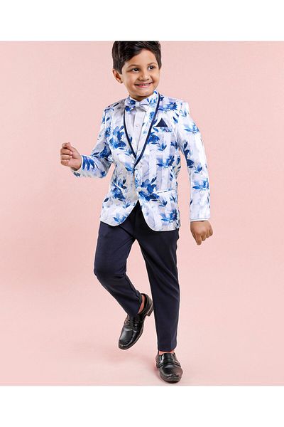 Babyhug Full Sleeves 3 Piece Floral Party Suit - Blue