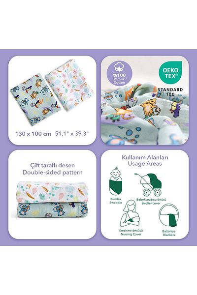 Milk & Moo Milk&moo Muslin Blanket Set Of 2 Jungle Friends