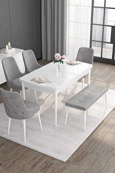 Canisa Concept Noa Serisi 80x132 Açılabilir Mdf Beyaz Masa Takımı 4 Gri Sanda...