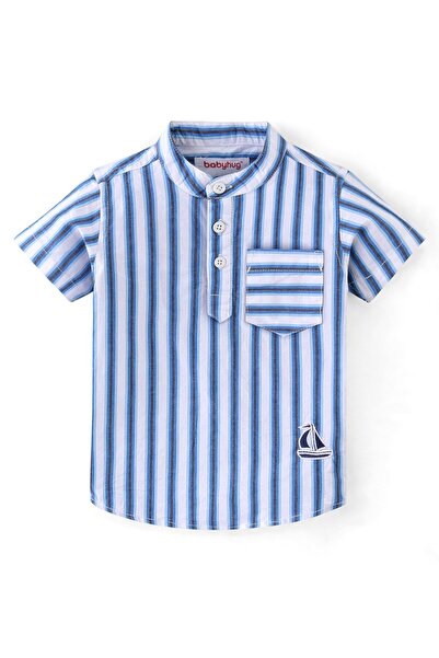 Babyhug قميص كورتا مخطط بأكمام نصفية وياقة صينية من Babyhug مصنوع من القطن بنسبة 100% - أزرق