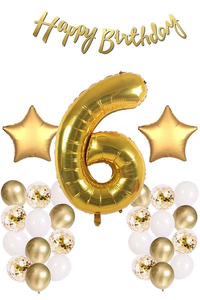 Ezgi Party Store Gold Concept Celebration Set for 6 Year Old Birthday - White Confetti Balloon, Number Star Foil and Banner