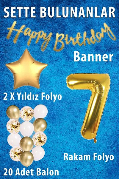Ezgi Party Store 7 Years Birthday Celebration Set - Gold Concept; White Gold Confetti Balloon, Numeral Star Foil and Banner