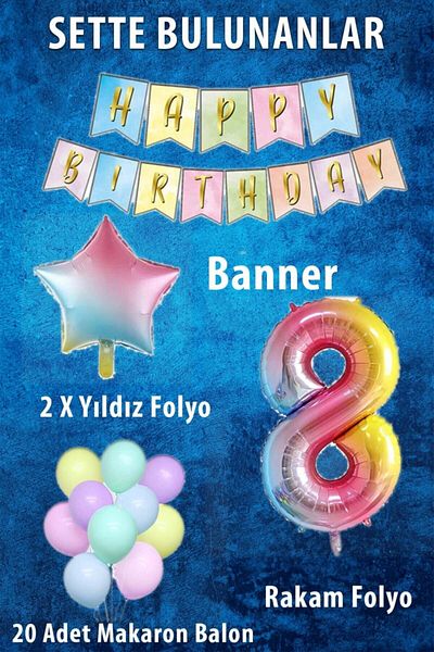 Ezgi Party Store Rainbow Concept 8 Year Old Birthday Party Celebration Set; Number and Star Foil, Banner and Macaron Honey