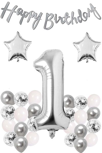 Ezgi Party Store Silver Concept Σετ γιορτής γενεθλίων 1 έτους Λευκό ασημί κομφετί με αλουμινόχαρτο με αστέρια και πανό