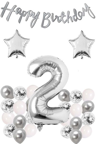 Ezgi Party Store Silver Concept Σετ γιορτής γενεθλίων 2 ετών Λευκό ασημί καραμέλα Μπαλόνι Αριθμός Αστέρι Φύλλο και πανό