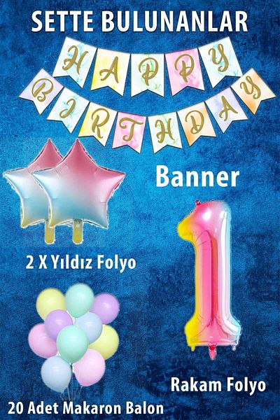 Ezgi Party Store Rainbow Concept 1 Year Old Birthday Party Celebration Set; Number and Star Foil, Banner and Macaron Honey