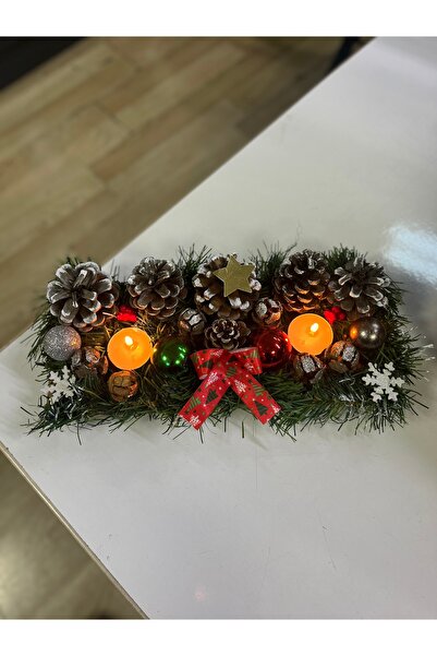 afralya home Noel Yılbaşı Dekoratif Kütük Yılbaşı Sofrası Dekoru, Kozalaklı Mumlu Yılbaşı Masa Çiçeği