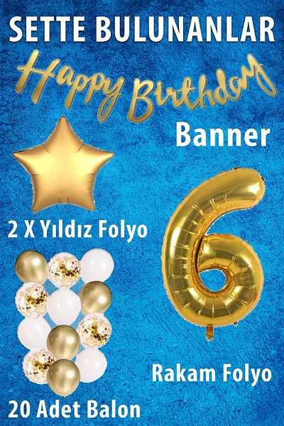 Ezgi Party Store Gold Concept Celebration Set for 6 Year Old Birthday - White Confetti Balloon, Number Star Foil and Banner