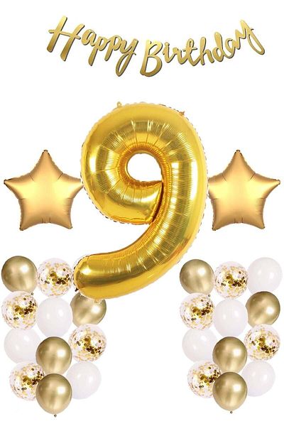 Ezgi Party Store Σετ γιορτής Gold Concept για γενέθλια 9 ετών - Μπαλόνι από λευκό χρυσό καραμέλα, φύλλο αστεριών αριθμών και πανό
