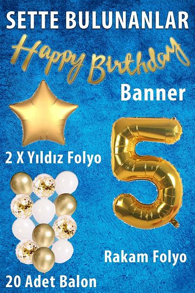 Ezgi Party Store 5 Year Old Birthday Celebration Set - Gold Concept, White Gold Confetti Balloon, Number Star Foil and Banner