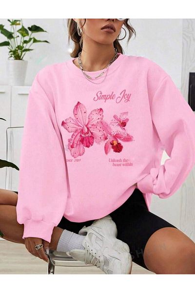 SELENA BUTİK Unisex Round Neck Pink Simple Joy Sweatshirt