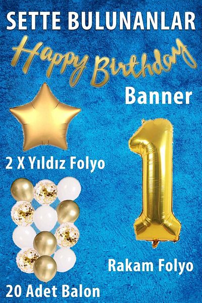 Ezgi Party Store 1 Year Birthday Celebration Set - Gold Concept, White Gold Confetti Balloon, Number Star Foil and Banner