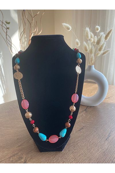 Store Vintage Style Pink Crystal Wooden Beads Long Necklace