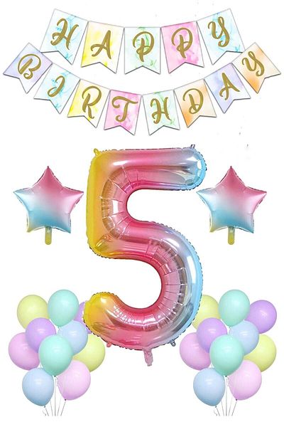 Ezgi Party Store Rainbow Concept 5 Year Old Birthday Party Celebration Set; Number and Star Foil, Banner and Macaron Honey