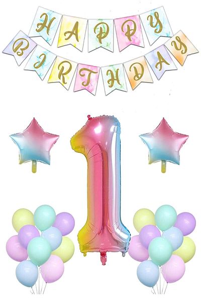Ezgi Party Store Rainbow Concept 1 Year Old Birthday Party Celebration Set; Number and Star Foil, Banner and Macaron Honey