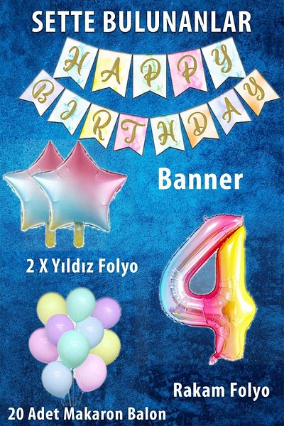 Ezgi Party Store Rainbow Concept 4 Year Old Birthday Party Celebration Set; Number and Star Foil, Banner and Macaron Honey