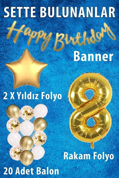 Ezgi Party Store Gold Concept Celebration Set for 8-Year-Old Birthday - White Gold Confetti Balloon, Numeral Star Foil and Banner
