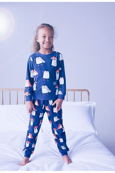 Lolliboomkids Set de pijamale unisex pentru copii, sezon nou, bumbac, culoare albastră, distracție, pinguini, imprimat, cu picioare elastice