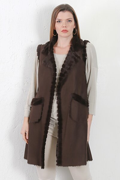 Chiccy Italian Brown Sleeveless Closure-Free Double Pocket Fur Casual Suede Woven Vest
