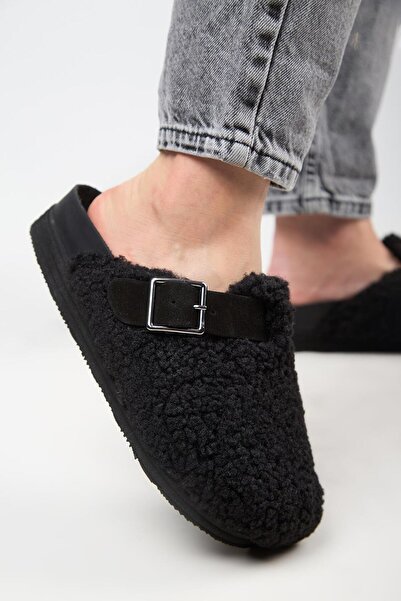 Manijero Γυναικείες μαύρες παντόφλες Juno από γνήσιο δέρμα με ζώνη Tedy Platform