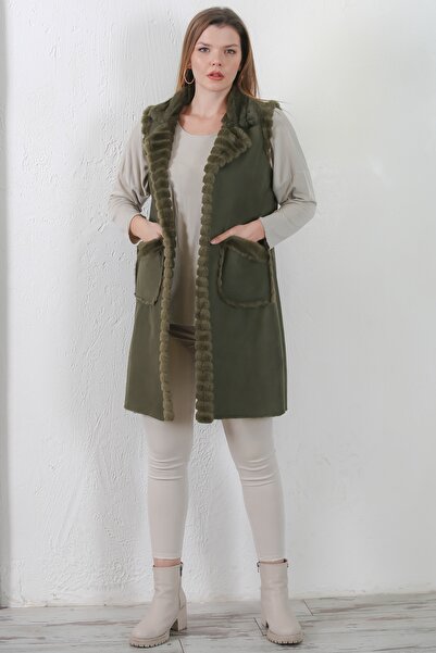 Chiccy Italian Dark Khaki Sleeveless Closure Double Pocket Sheepskin Casual Suede Woven Vest