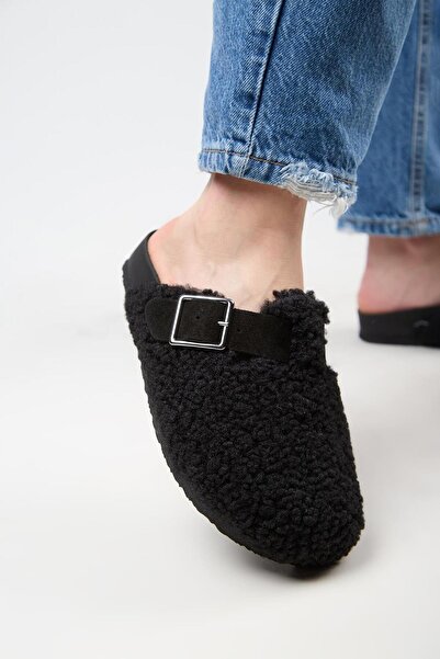 Manijero Γυναικείες μαύρες παντόφλες Suzen από γνήσιο δέρμα με ζώνη