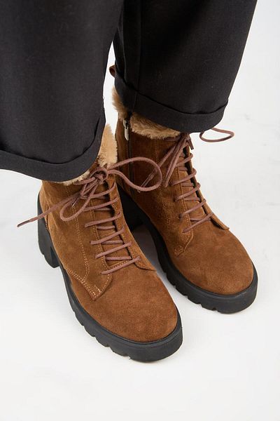 Manijero [Wilma) Women's Genuine Leather Heeled Tan Boots with Fur Inside and Fur Stripe