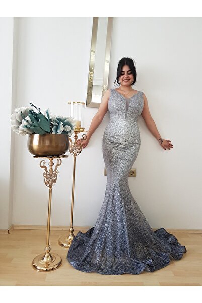 FERGAN KADIN GRİ RENK GEÇİŞLİ KENDİNDEN SİMLİ BALIK ABİYE ELBİSE