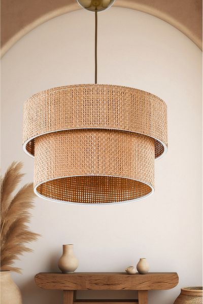 EvLight Brown Modern Natural Hazeran Rattan 2 Tier Pendant Lamp Chandelier