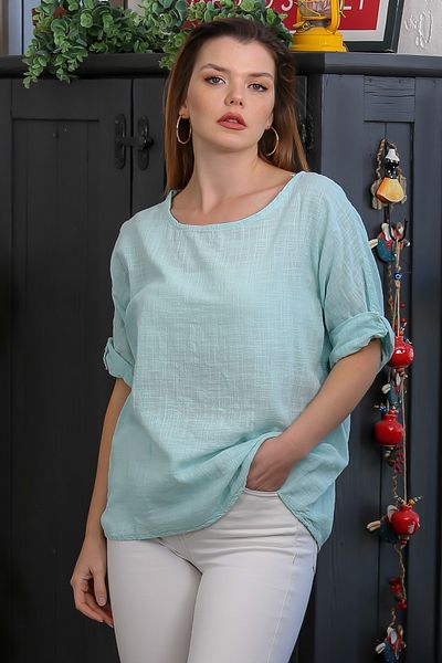 Chiccy Ιταλική ανοιχτό τιρκουάζ λαιμόκοψη πισίνας 3/4 μανίκι casual λινό μπλούζα με μείγμα