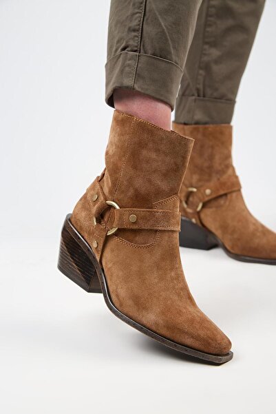 Manijero (Neus) Kadın Hakiki Deri Halkalı Kuşaklı Kovboy Özel Eskitme Deri Taba Bot