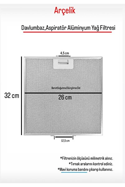 Arçelik Uyumlu Davlumbaz Aspiratör 26x32 cm Arka Tırnak 12,5 Alüminyum Yağ Fi...
