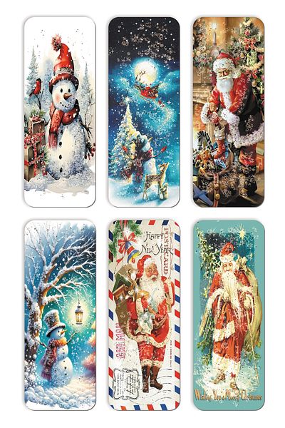 Mia Pera Set of 6 Glittery Bookmarks Christmas Themed Snowman Santa Claus Landscape New Year