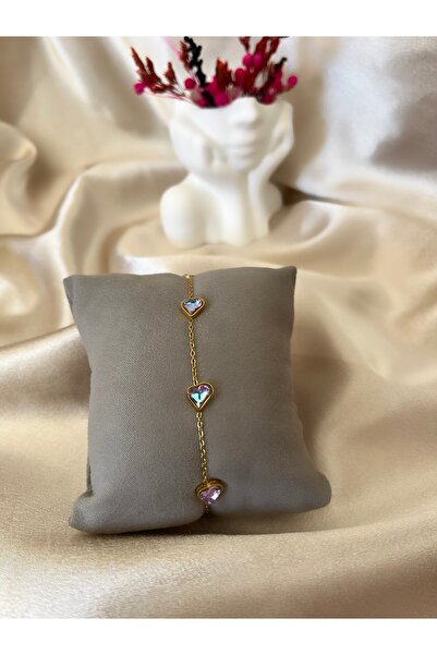 Butik Parlak Taş Kalp Gold Çelik Bileklik