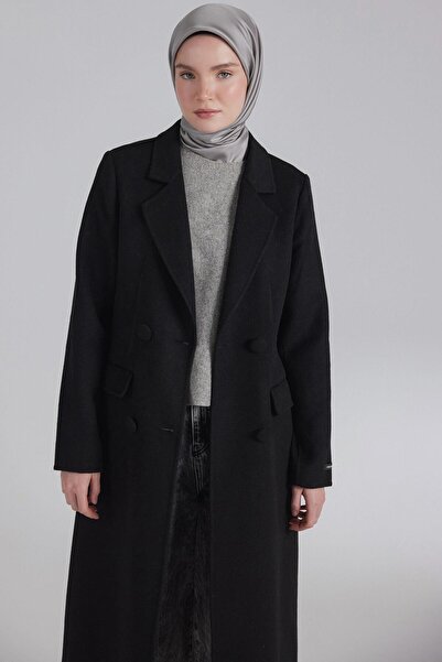 Tuğba Kruvaze Düğmeli Kaban - Siyah