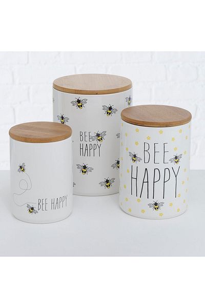 Homelux Cutie de depozitare Bee Happy cu capac, 14x14x19 cm, alb/negru/galben/natural, ceramica/bambus