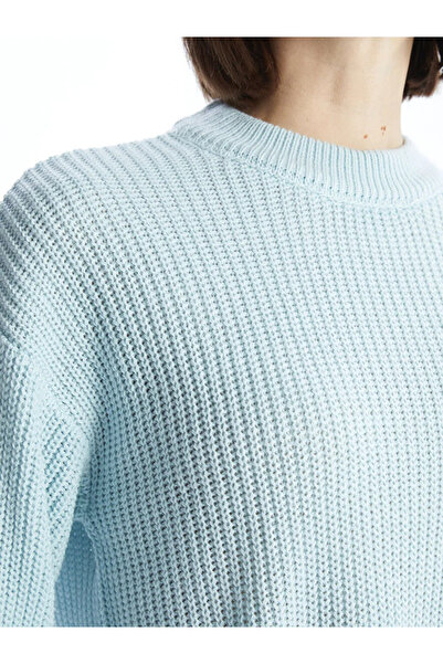 LC Waikiki LCW Vision Blue guler rotund supradimensionat Pulover de tricotat pentru femei