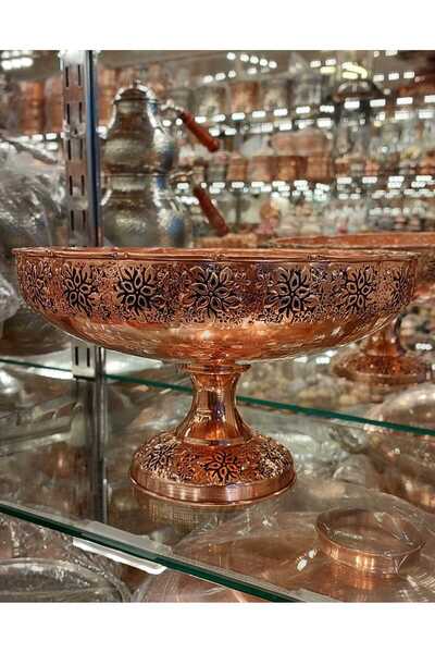 Bakır Center Copper Fruit Holder Copper Cookie Holder Copper Presentation Plate 18 cm Fully Handmade Embossed Workmanship