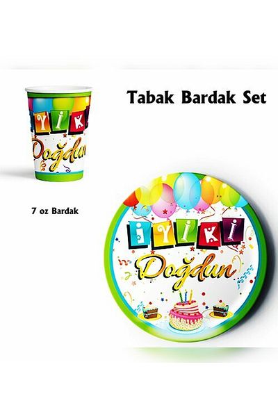 TREND Set of 8 Cardboard - Plates and Glasses - Colors - Happy Birthday