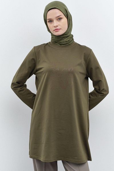 Tuğba Sweat tricotat de culoare kaki - cu model imprimat