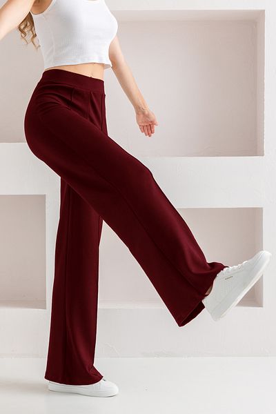 CNRCollection Women's Burgundy High Waist Recovery Front Ribbed Wide Fit Wide Leg Modal Fabric Leggings Pants