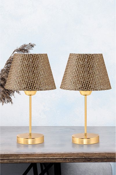 EvLight Mirza 2-Piece Beige Hazeran Metal Leg Gold Lampshade Table Lamp