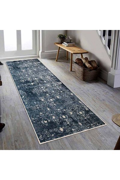 Homelux Berenice Anti-slip Carpet, Rectangular, 80x200 Cm, Oriental, Navy Blue, White, 60% Cotton