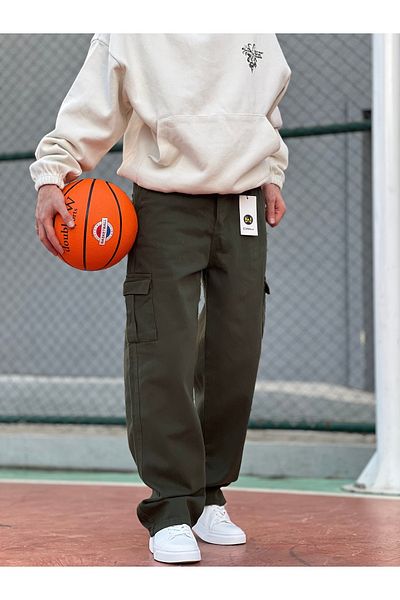 ElitWear Ανδρικό φαρδύ παντελόνι Gabardine με τσέπες χακί χρώματος